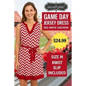 Mud Pie Game Day Jersey Dress Red White Chevron Size M NWOT Slip Included